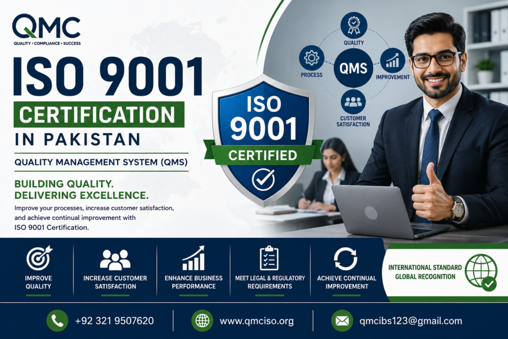 ISO 9001 Certification in Pakistan by QMC for Quality Management System, business excellence, customer satisfaction, and continual improvement.