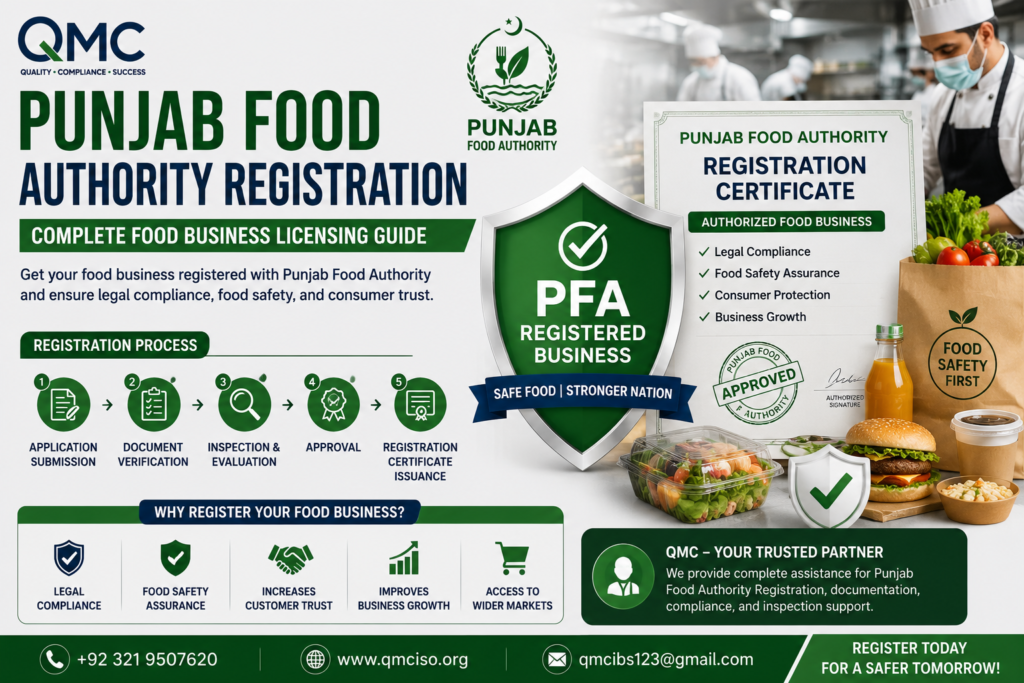 Punjab Food Authority Registration by QMC for food business licensing, legal compliance, food safety, and regulatory approval in Pakistan.
