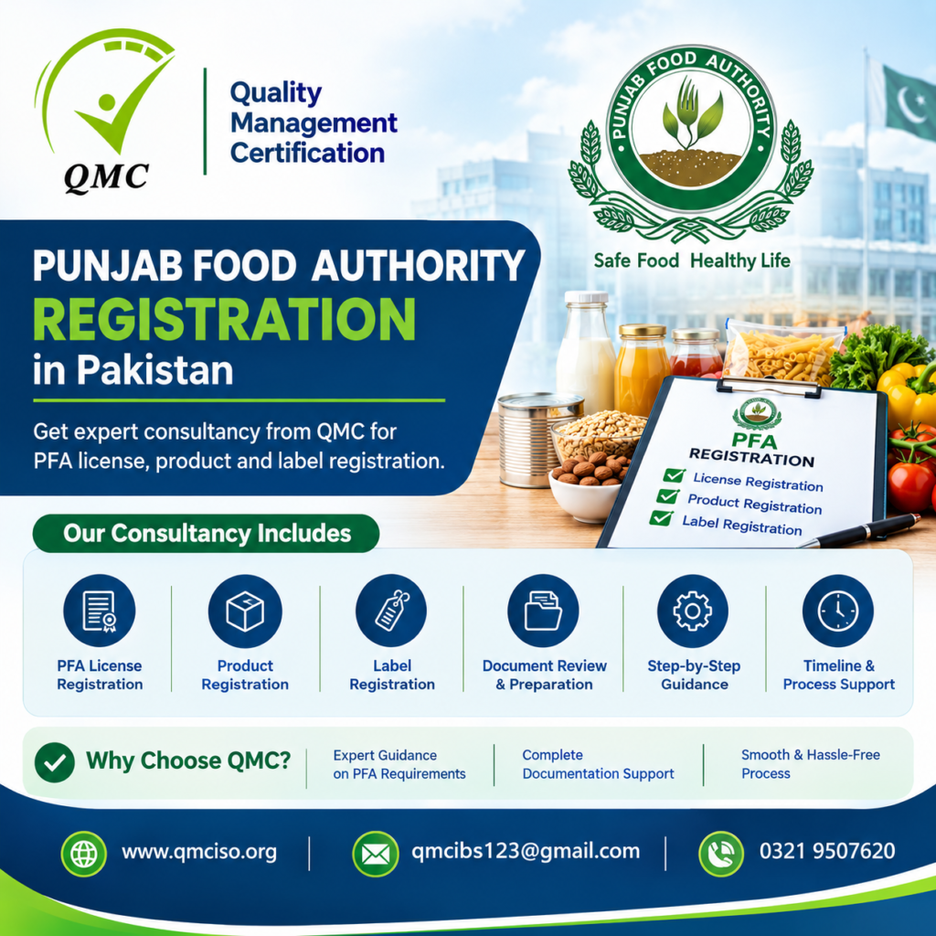Punjab Food Authority registration consultancy by QMC for food business licensing, product registration, and label approval in Pakistan.