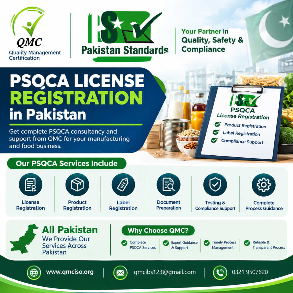 PSQCA license registration consultancy in Pakistan by QMC for manufacturers and compulsory product certification.